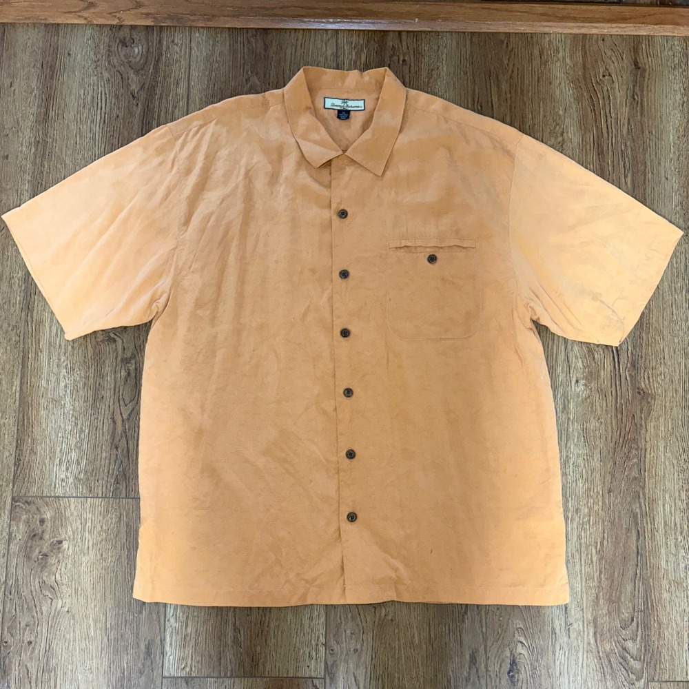 Tommy Bahama Mens XL Orange 100% Silk Marlin‎ Jacquard Short Sleeve Camp Shirt